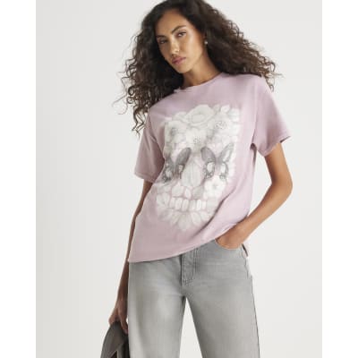 Pink Short Sleeve Diamante Skull T-shirt