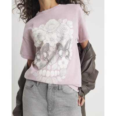 Pink Short Sleeve Diamante Skull T-shirt