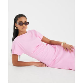 Pink Short Sleeve Drape Side Midi Dress