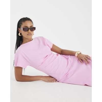 Pink Short Sleeve Drape Side Midi Dress