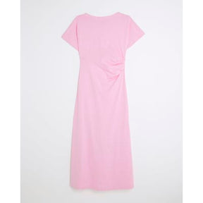 Pink Short Sleeve Drape Side Midi Dress