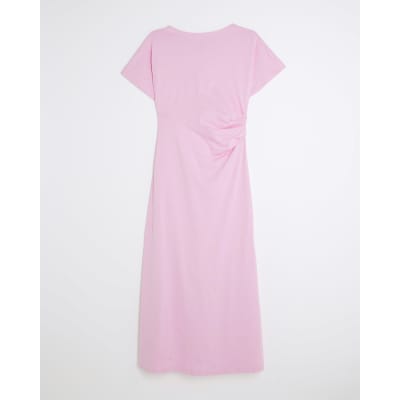 Pink Short Sleeve Drape Side Midi Dress