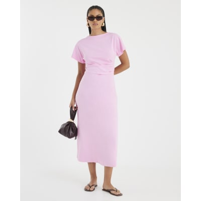 Pink Short Sleeve Drape Side Midi Dress