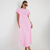 Pink Short Sleeve Drape Side Midi Dress