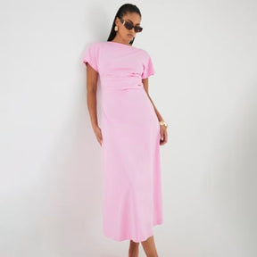 Pink Short Sleeve Drape Side Midi Dress