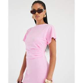 Pink Short Sleeve Drape Side Midi Dress