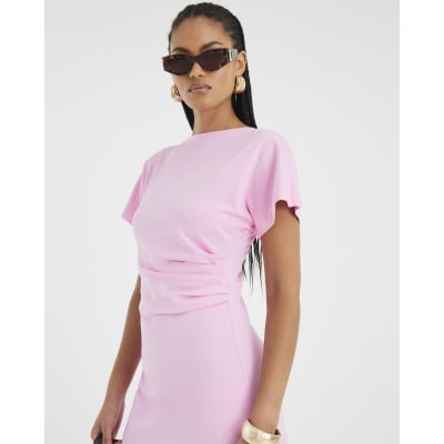 Pink Short Sleeve Drape Side Midi Dress