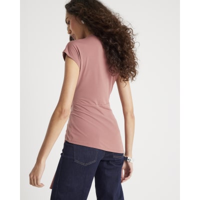 Pink Short Sleeve Draped Floral Trim Top