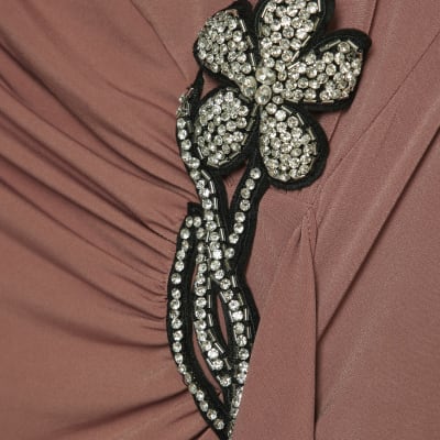 Pink Short Sleeve Draped Floral Trim Top