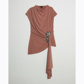 Pink Short Sleeve Draped Floral Trim Top