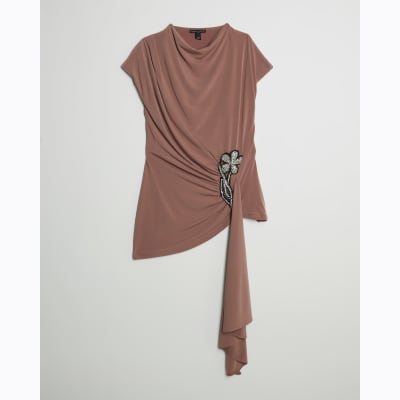 Pink Short Sleeve Draped Floral Trim Top