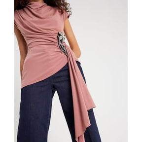 Pink Short Sleeve Draped Floral Trim Top