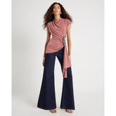 Pink Short Sleeve Draped Floral Trim Top