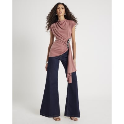 Pink Short Sleeve Draped Floral Trim Top