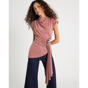 Pink Short Sleeve Draped Floral Trim Top