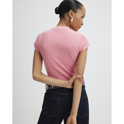 Pink Short Sleeve Fitted Ribbed T-shirt