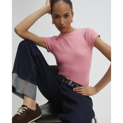 Pink Short Sleeve Fitted Ribbed T-shirt