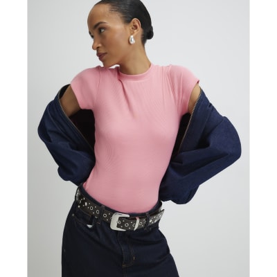 Pink Short Sleeve Fitted Ribbed T-shirt