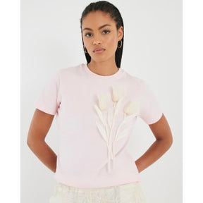 Pink Short Sleeve Organza Flower T-shirt