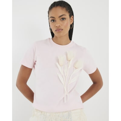 Pink Short Sleeve Organza Flower T-shirt