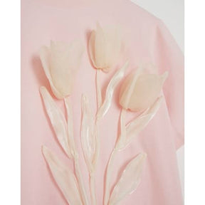 Pink Short Sleeve Organza Flower T-shirt