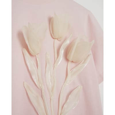 Pink Short Sleeve Organza Flower T-shirt