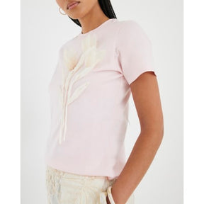 Pink Short Sleeve Organza Flower T-shirt