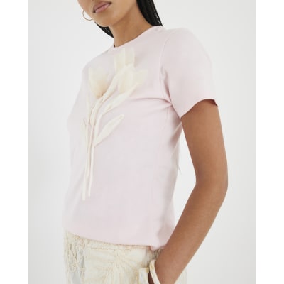 Pink Short Sleeve Organza Flower T-shirt