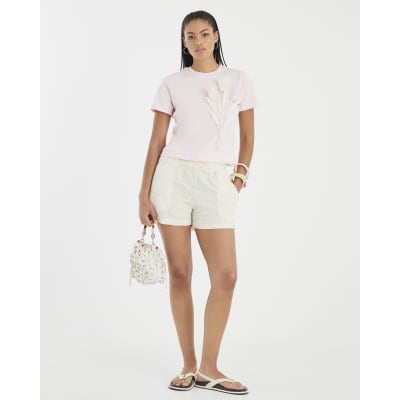 Pink Short Sleeve Organza Flower T-shirt