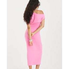 Pink Short Sleeve Ruched Midi Dress
