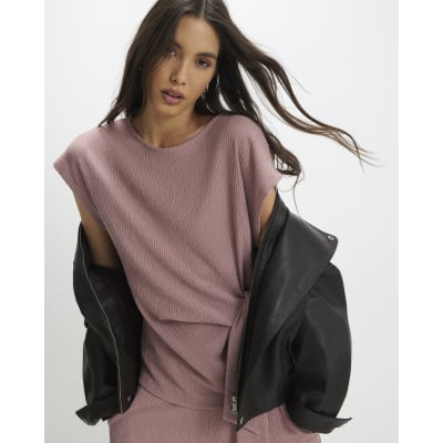 Pink Short Sleeve Textured Knot Front Top