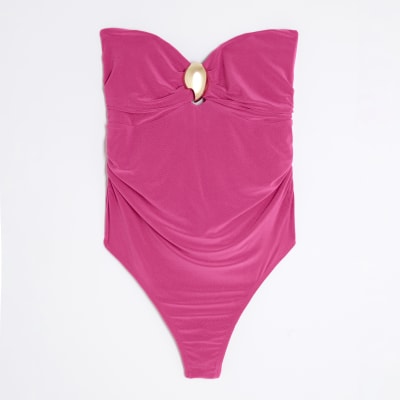 Pink Sleeveless Gold Trim Bandeau Bodysuit