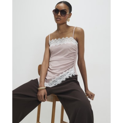 Pink Sleeveless Lace Trim Cami Top