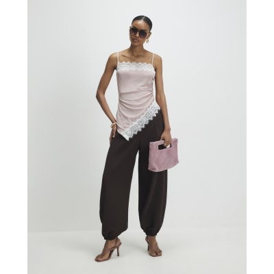 Pink Sleeveless Lace Trim Cami Top