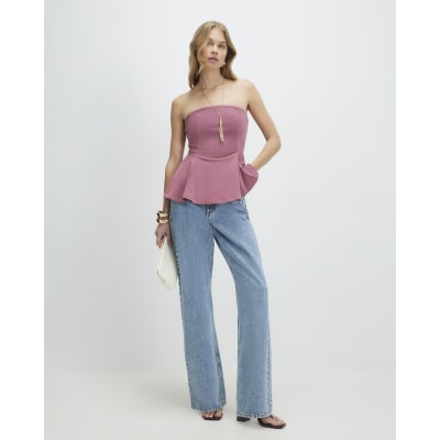Pink Sleeveless Peplum Bandeau Top