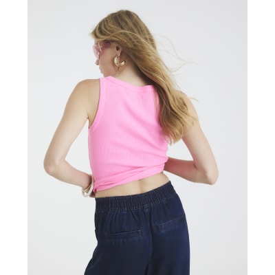 Pink Sleeveless Ribbed Tank Top
