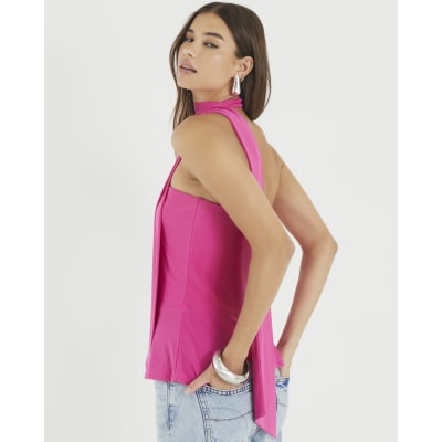 Pink Sleeveless Scarf Neck Bandeau Top