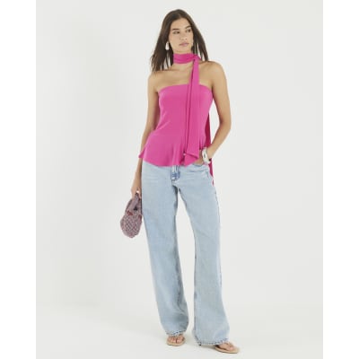 Pink Sleeveless Scarf Neck Bandeau Top
