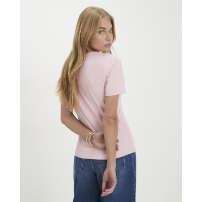 Pink Square Neck Fitted T-Shirt