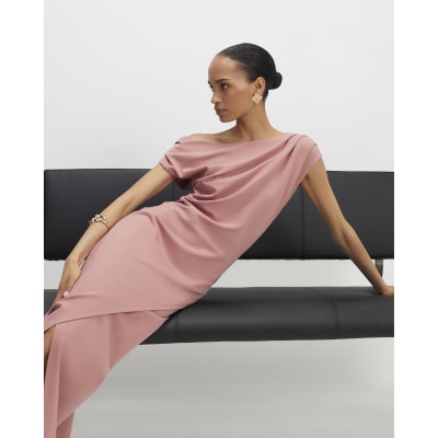 Pink Stretch Draped Midi Dress