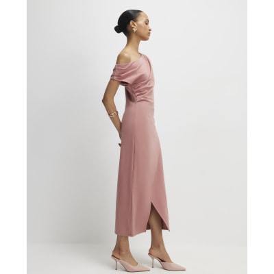Pink Stretch Draped Midi Dress