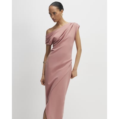 Pink Stretch Draped Midi Dress