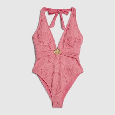 Pink Texture Shell Trim Swimsuit