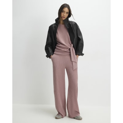 Pink Textured Wide Leg Trousers