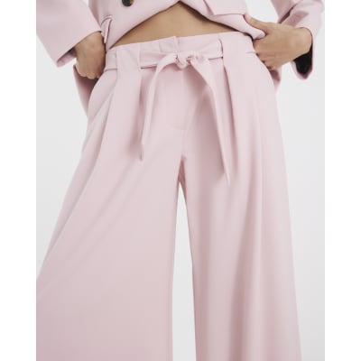 Pink Tie Waist Wide Leg Trousers
