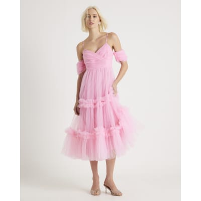 Pink Tulle ruffle midi Dress