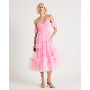 Pink Tulle ruffle midi Dress
