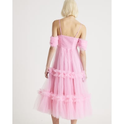 Pink Tulle ruffle midi Dress