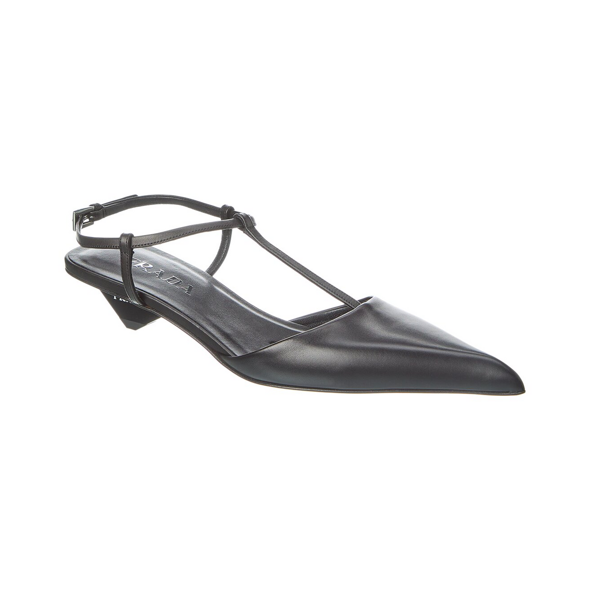 Prada Black Leather Pointed-Toe T-Strap Kitten Heels