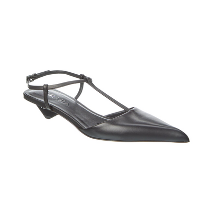 Prada Black Leather Pointed-Toe T-Strap Kitten Heels